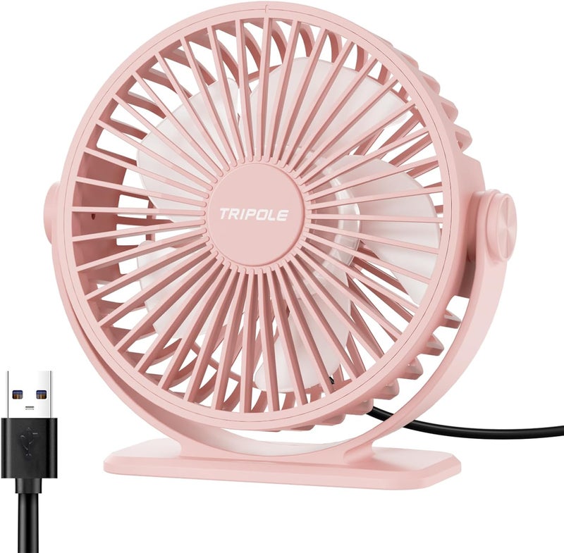TriPole USB Desk Fan Mini Portable Personal Fan, 3 Speeds Adjustable Strong Breeze Small Electric Fan, 360° Rotation Quiet Plug In USB Fan for Desktop Bedroom Office Table Travel Cruise, Pink, 4.5in - Image 1